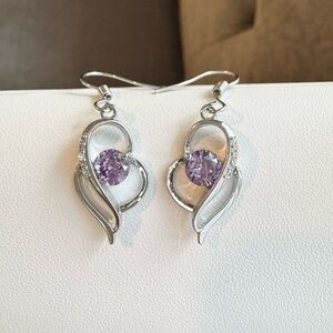 New Silver Heart Purple Amethyst Drop Earrings with CZ NWT